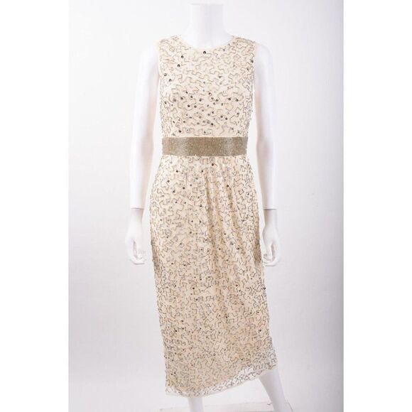 Mac Duggal Womans Beaded Gown Dress Size 6 Beige Silver Sequins sleeveless - Picture 1 of 8